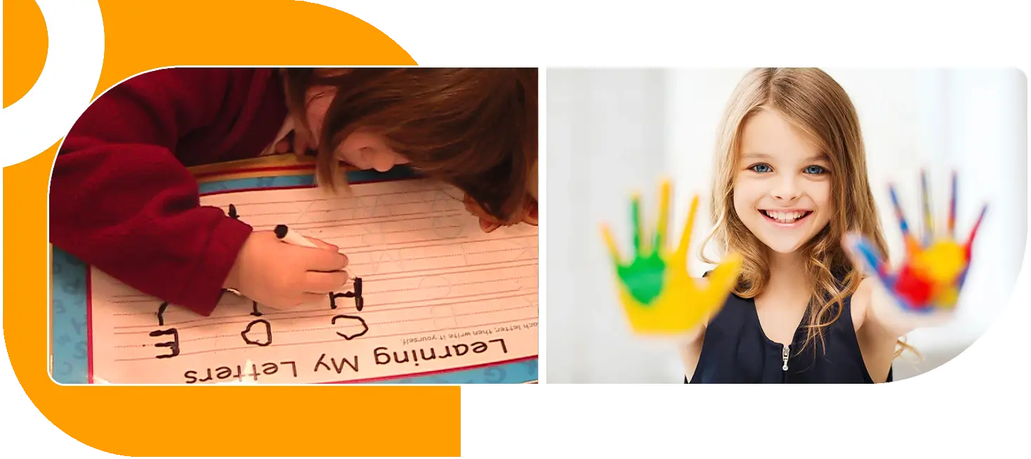 A collage of two pictures with one picture of a child writing on paper and the other is a woman holding up her hand.