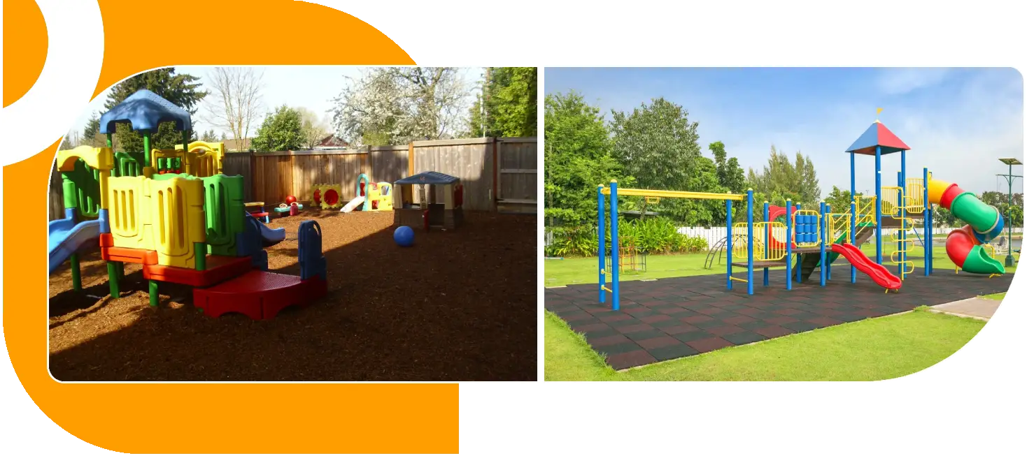 A collage of pictures with different types of play equipment.