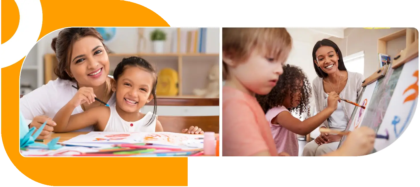 A collage of two pictures with children at the table