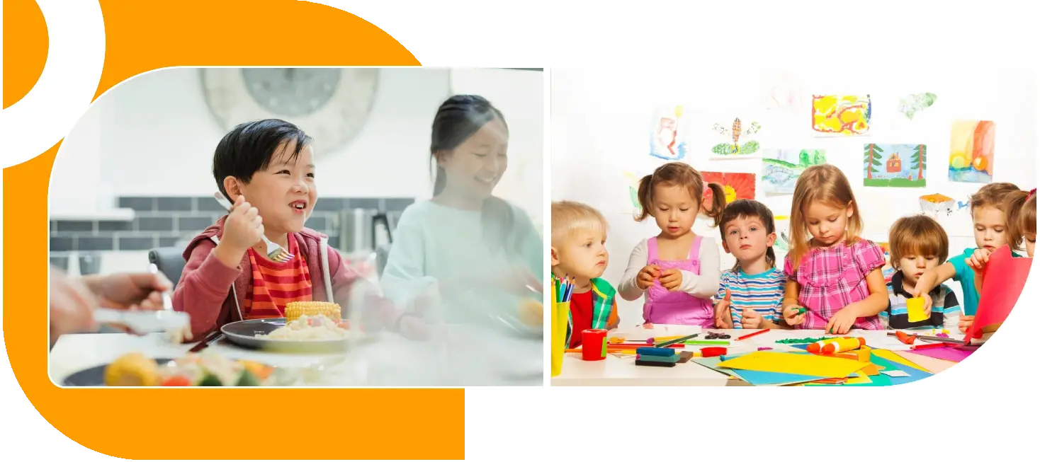 Two pictures of children eating cake and playing with toys.