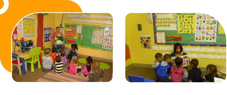 A collage of two pictures with children in the room.